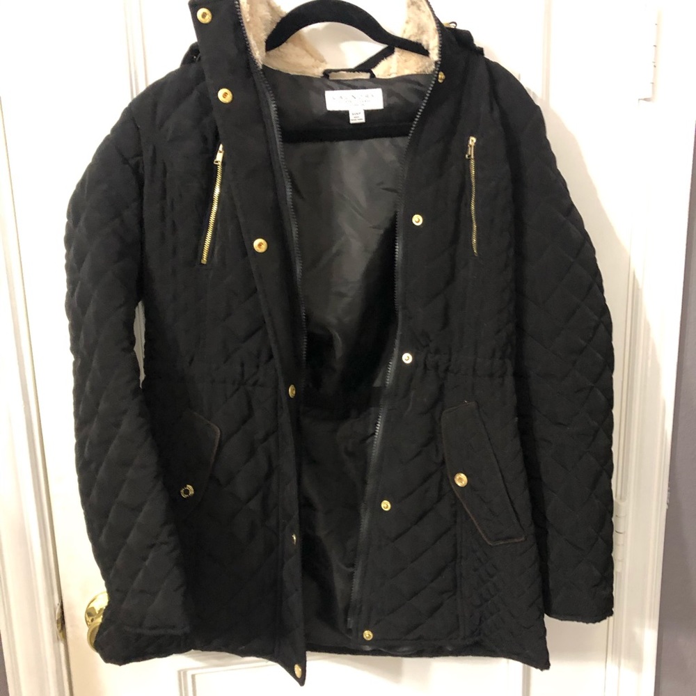 Black quilted coat with hood
